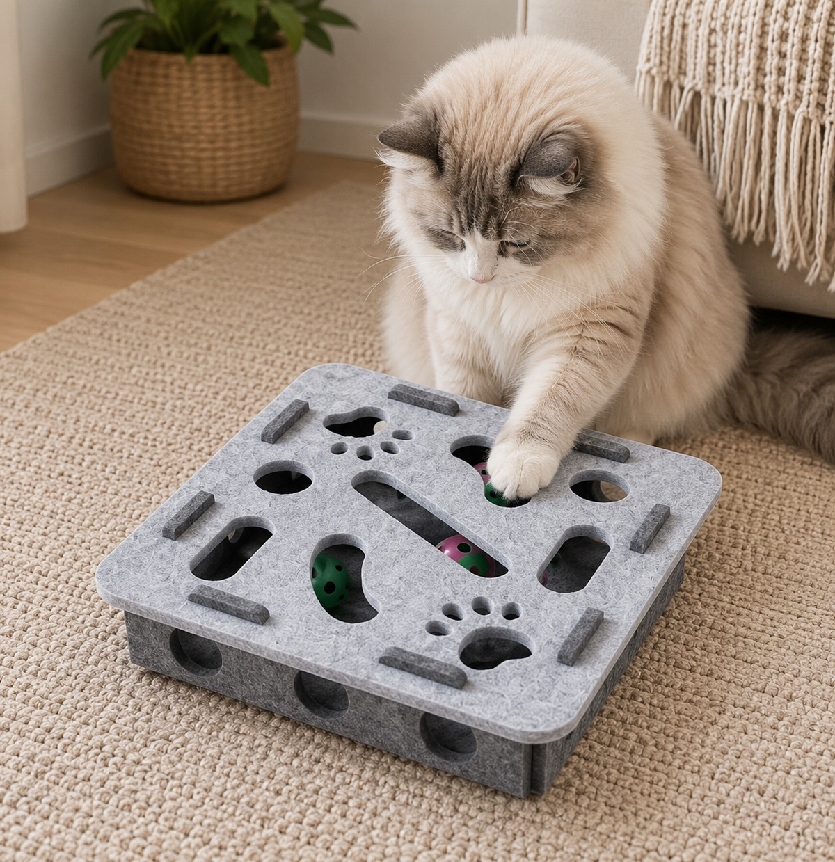 Interactive Cat Play Board with Puzzle Holes