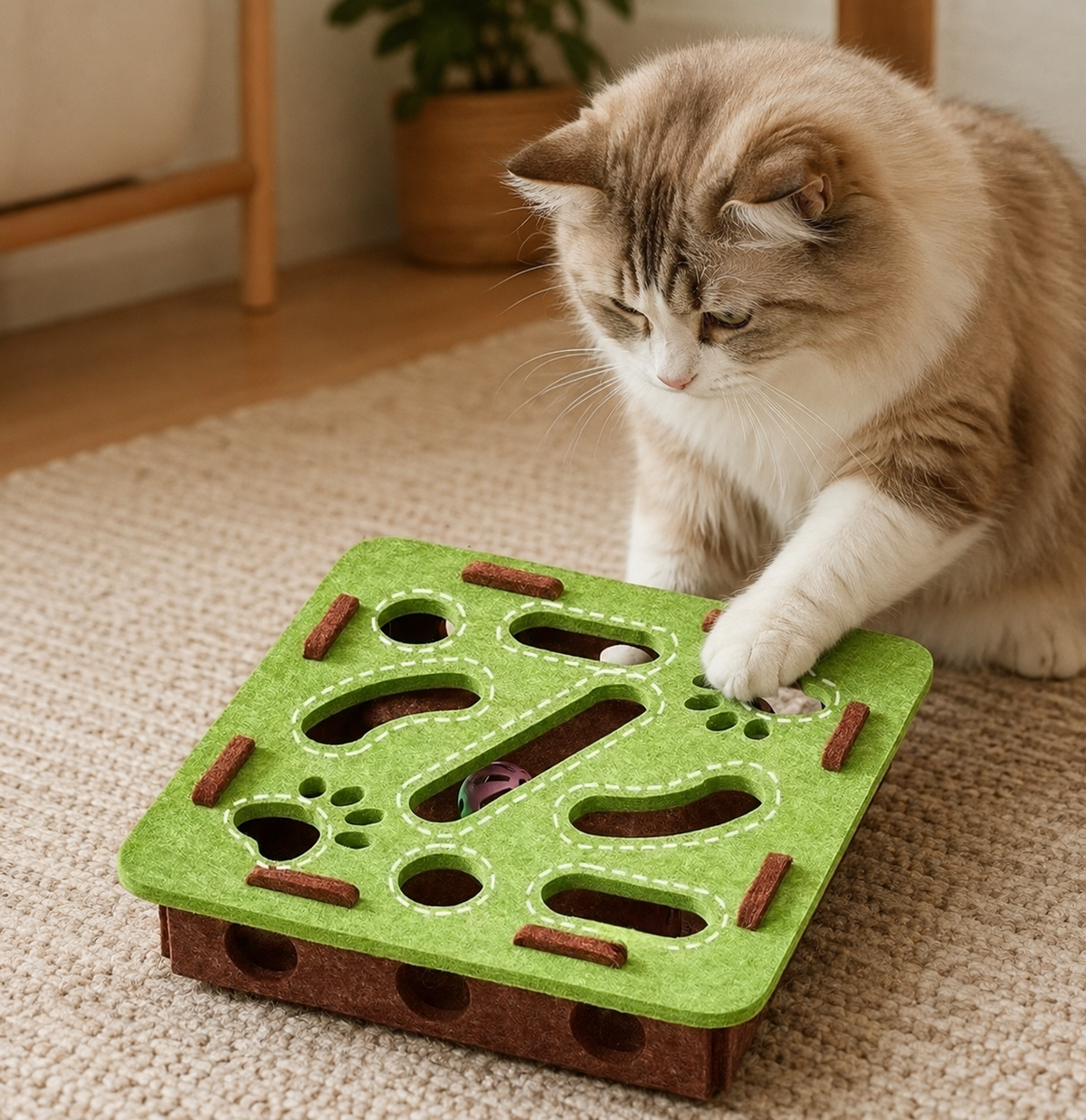 Interactive Cat Play Board with Puzzle Holes