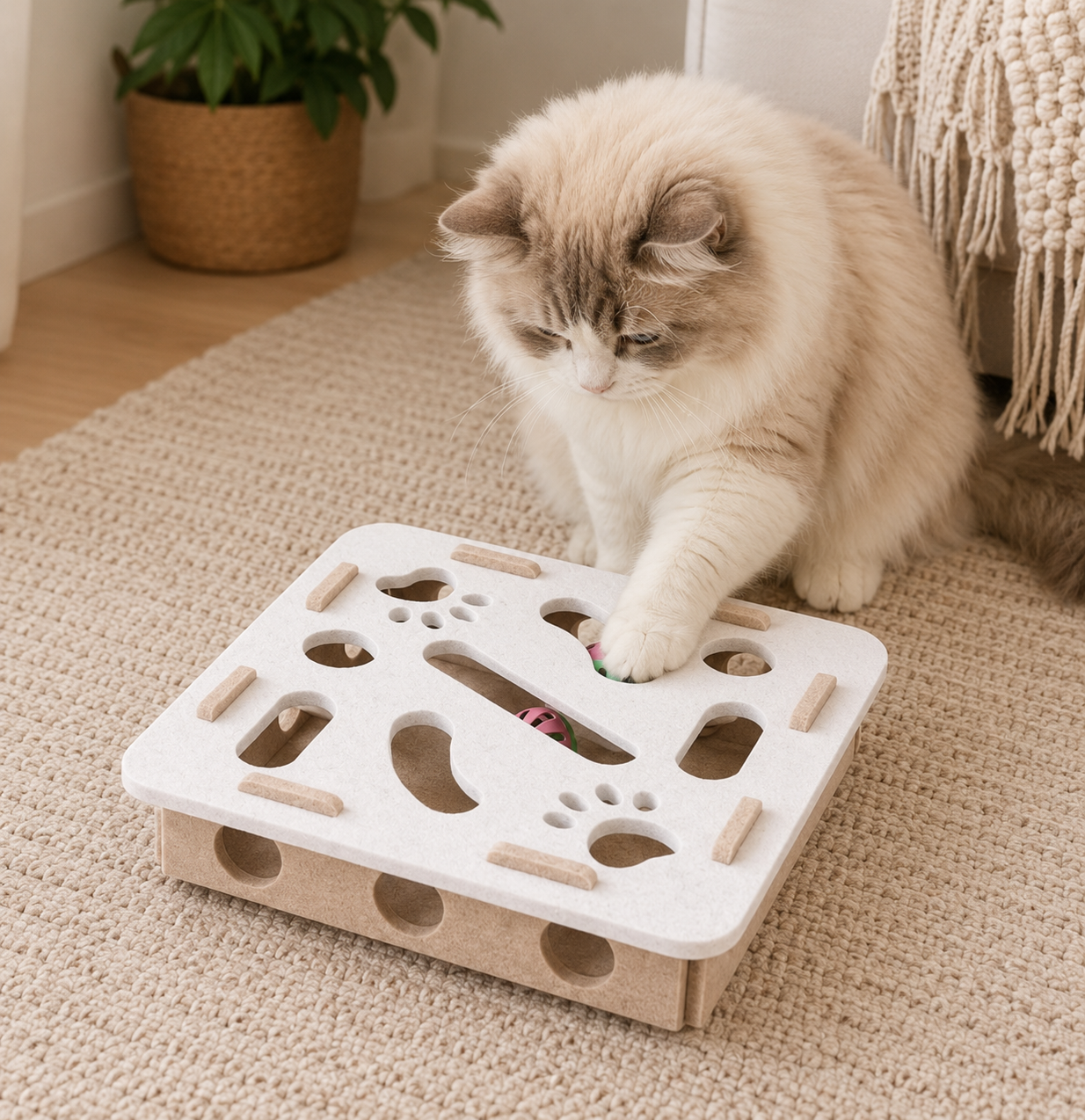 Interactive Cat Play Board with Puzzle Holes