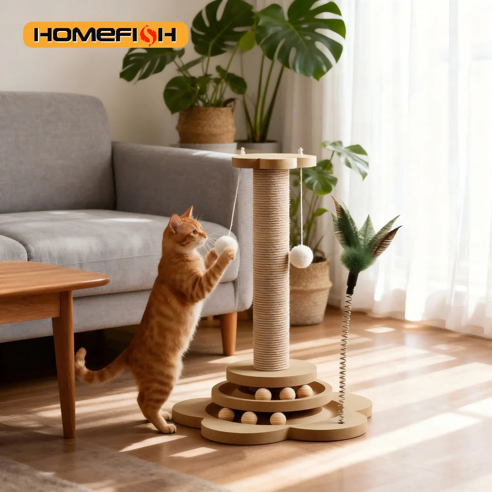 Solid Wood Cat Scratching Post with Puzzle Ball Tray