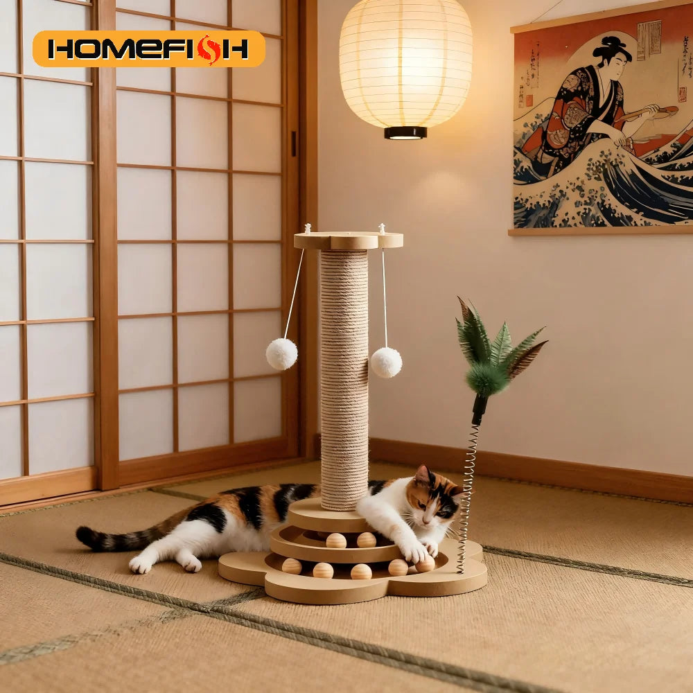 Solid Wood Cat Scratching Post with Puzzle Ball Tray