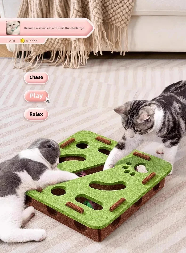 Interactive Cat Play Board with Puzzle Holes