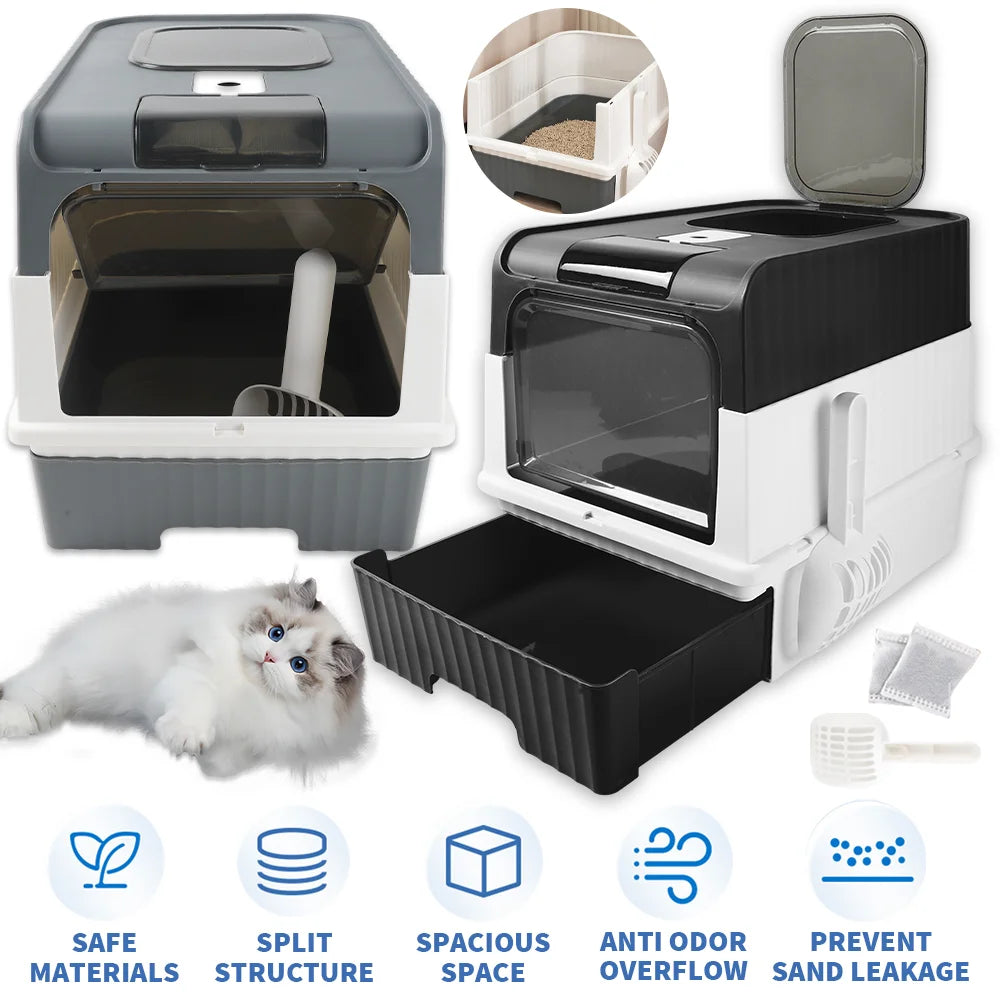 Cat Litter Box Hooded Box Odor-Resistant Fully Enclosed Cat Toilet with Litter Scoop for Home Pets Supplies