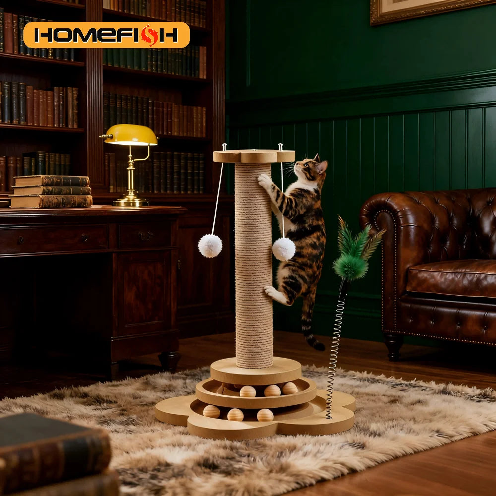 Solid Wood Cat Scratching Post with Puzzle Ball Tray